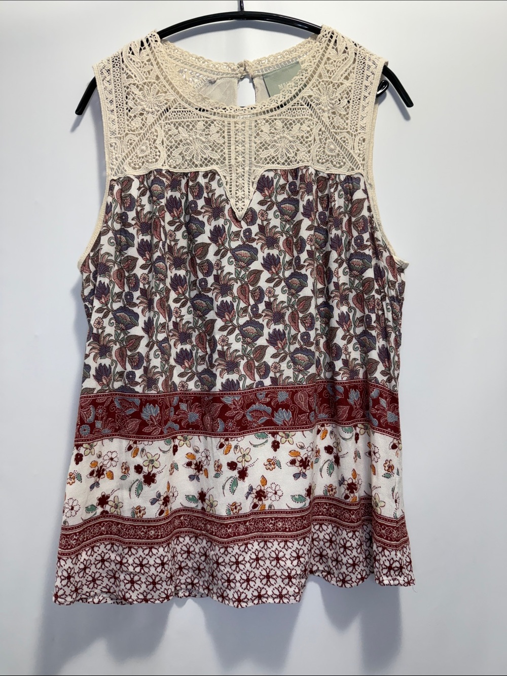 Maeve Anthropologie Boho Lace Yoke Eleanor Tank Top Size Large Cream Burgundy